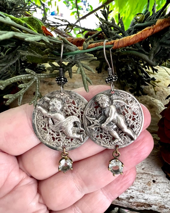 Antique Sterling Silver Cherub Angel Earrings Fre… - image 3