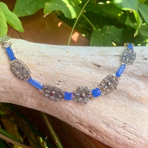 Vintage 1920 1930 Czech Blue Glass Bracelet Art Deco Filigree Bracelet Bride Bridal Wedding Engagement Romantic Gift Her