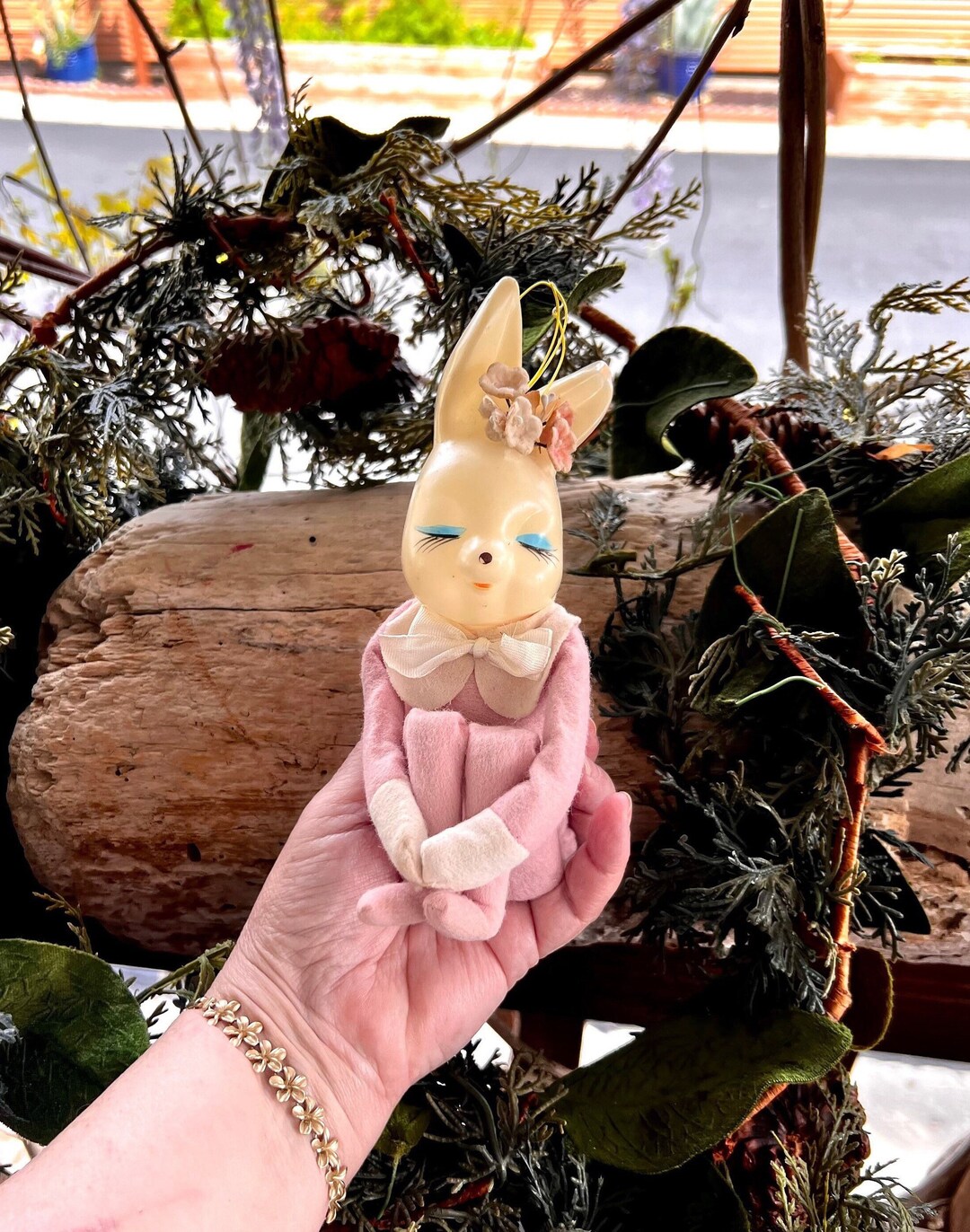 Vintage Pink Knee Hugger Bunny Elf Pixie Plastic Christmas Ornament