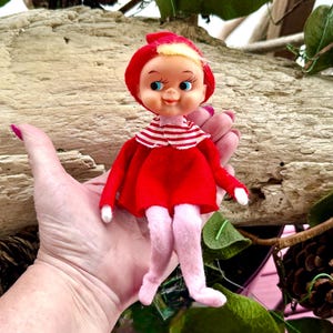 Vintage Christmas Striped Plastic Knee Hugger Ornament 1950 1960 Valentine Red Pink Elf Pixie MCM Japan Retro Kitsch Decor
