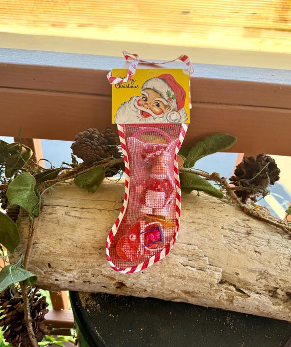 Vintage Toy Filled Girl Christmas Stocking 1950 1960 Red Rubber