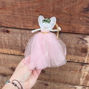 Vintage Spun Cotton Angel Christmas Ornament MCM 1950 1960 Angel Pink Mesh Tulle Angel Handmade Retro Kitsch Valentine Easter Decor