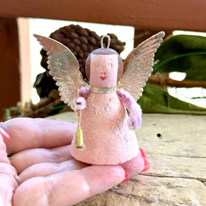 Vintage 1940 1950 Pink Mica Angel Christmas Ornament Putz Spun Cotton Angel Japan Musical Angel Retro Kitsch Mercury Glass Horn Easter Decor