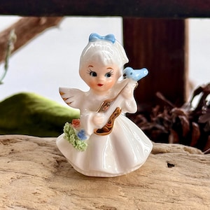 Vintage Napco Angel Blue Bird Figurine Napcoware Ceramic Floral MCM Retro Angel Girl Guitar Flower Spring Easter Decor