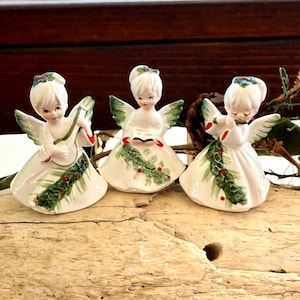 Vintage LEFTON Christmas Angel Figurine 1960 1970 Ceramic Musical Angel Songbook Mandolin Flute Retro Kitsch Holiday Decor Set 3