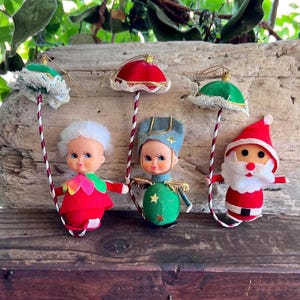 Vintage NAPCO Santa Pixie Band Christmas Ornament MCM 1960 1970 Candy Cane Umbrella Felt  Retro Kitsch Decor Set 3