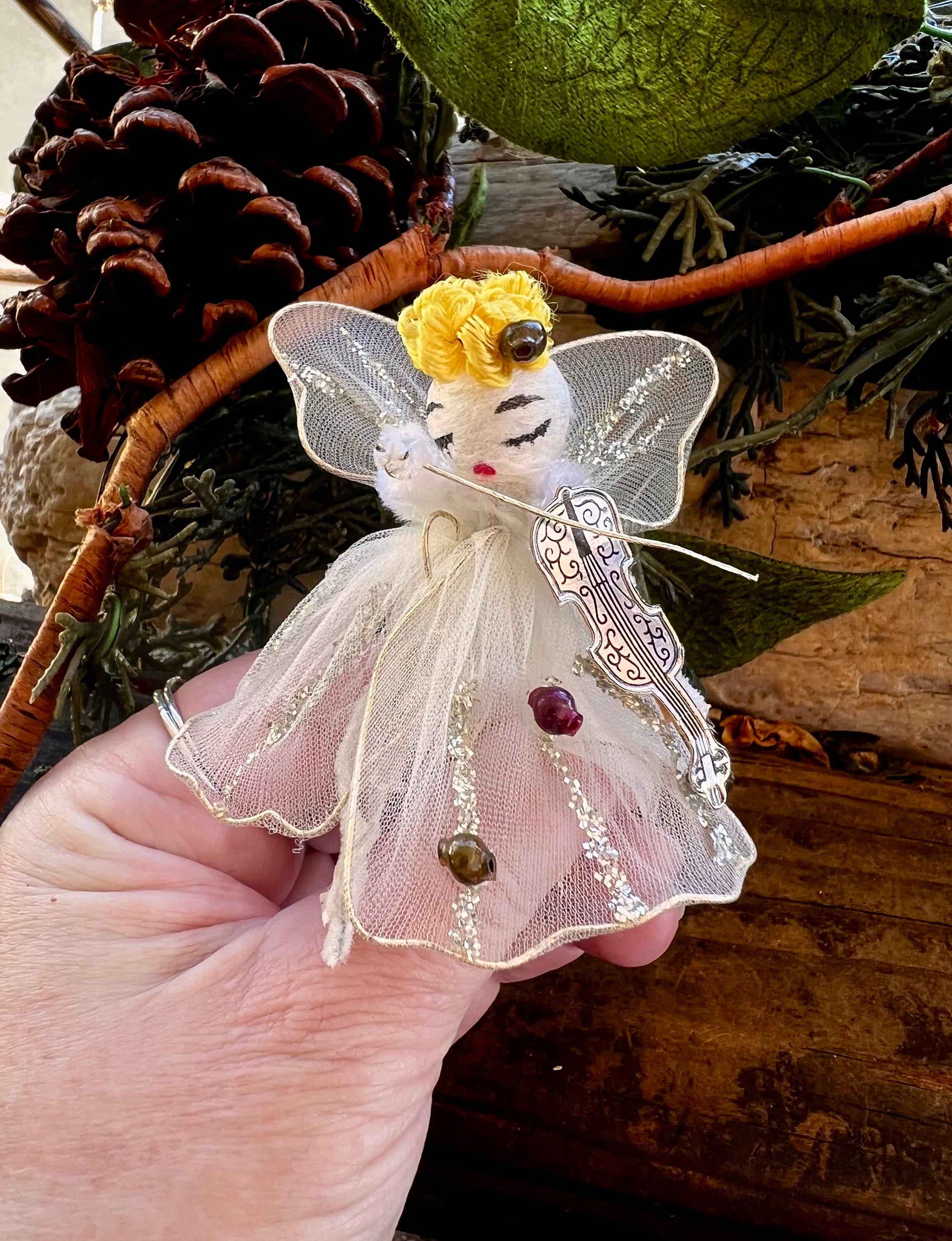 Vintage 1950 1960 Tulle Angel Easter Christmas Ornament Spun