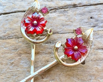 Vintage Rote Lisner Haarnadeln 1940 1950 Haarnadeln Rote Blumen Haarnadeln Dekorative Rote Blume Bobby Pins Retro Braut Braut Frühling Ostern Geschenk