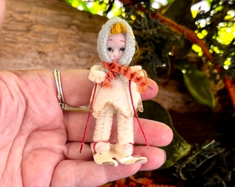 Vintage Pixie Skier Christmas Ornament 1940 1950 Felt Skiing Pixie   Girl Composite Delta Japan Pipe Cleaner Retro Kitsch Decor