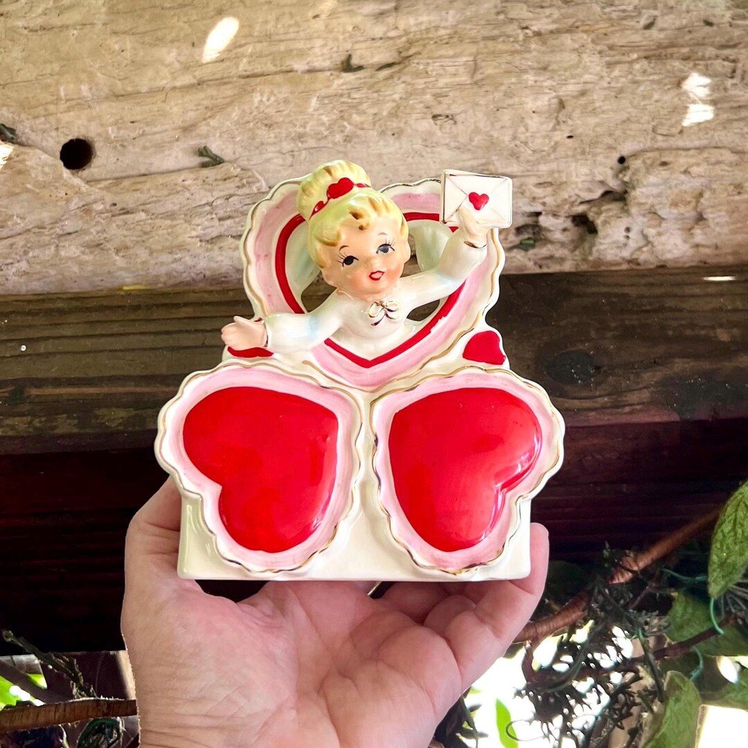 Vintage RELPO Double Heart Valentine Planter 1950 Mid Century Love