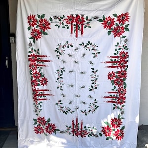 Toalha de mesa de algodão vintage de 1950, decoração de Natal com poinsétia, vela floral, pinha, linho, retrô, kitsch, 60” x