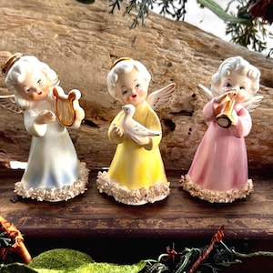 Vintage 1950 Angel Christmas Figurine Fine A Quality Spaghetti Trim Dove Harp Horn Japan Retro Kitsch Valentine Easter Decor Set 3