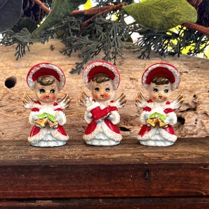 Vintage 1950 Christmas Angel  Figurine MCM Ceramic Victorian Angel Ornament  Stocking Bells Japan THAMES ENESCO Retro Kitsch Decor Set 3
