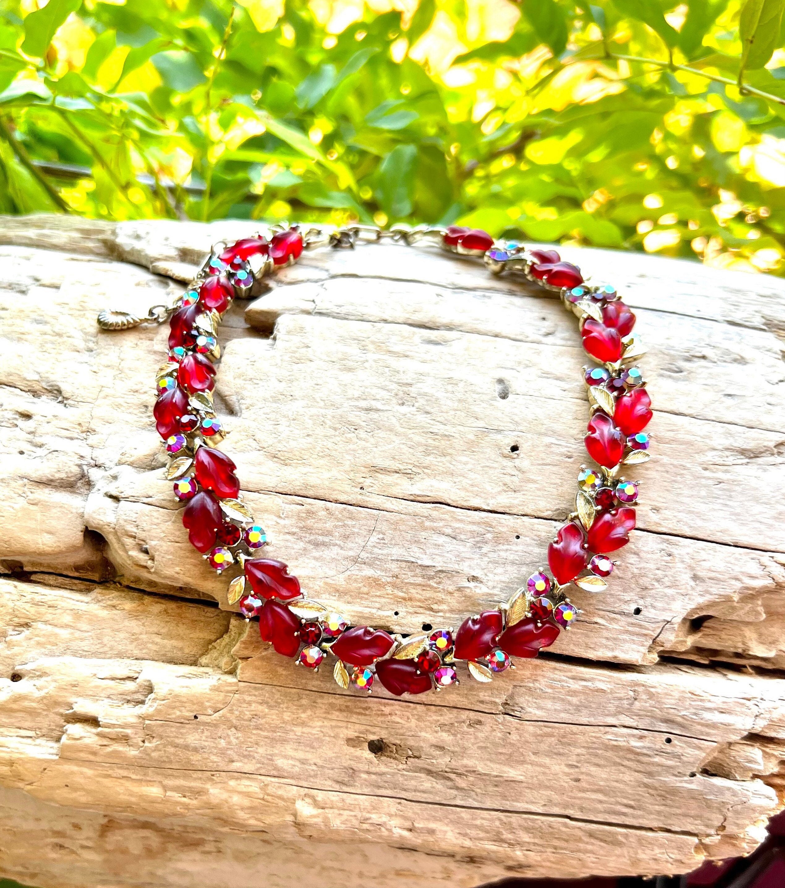 Vintage LISNER Red AB Rhinestone Choker Red Lucite Leaf Necklace MCM Retro Bride Bridal Wedding Valentine Christmas Winter Holiday Bling Etsy UK