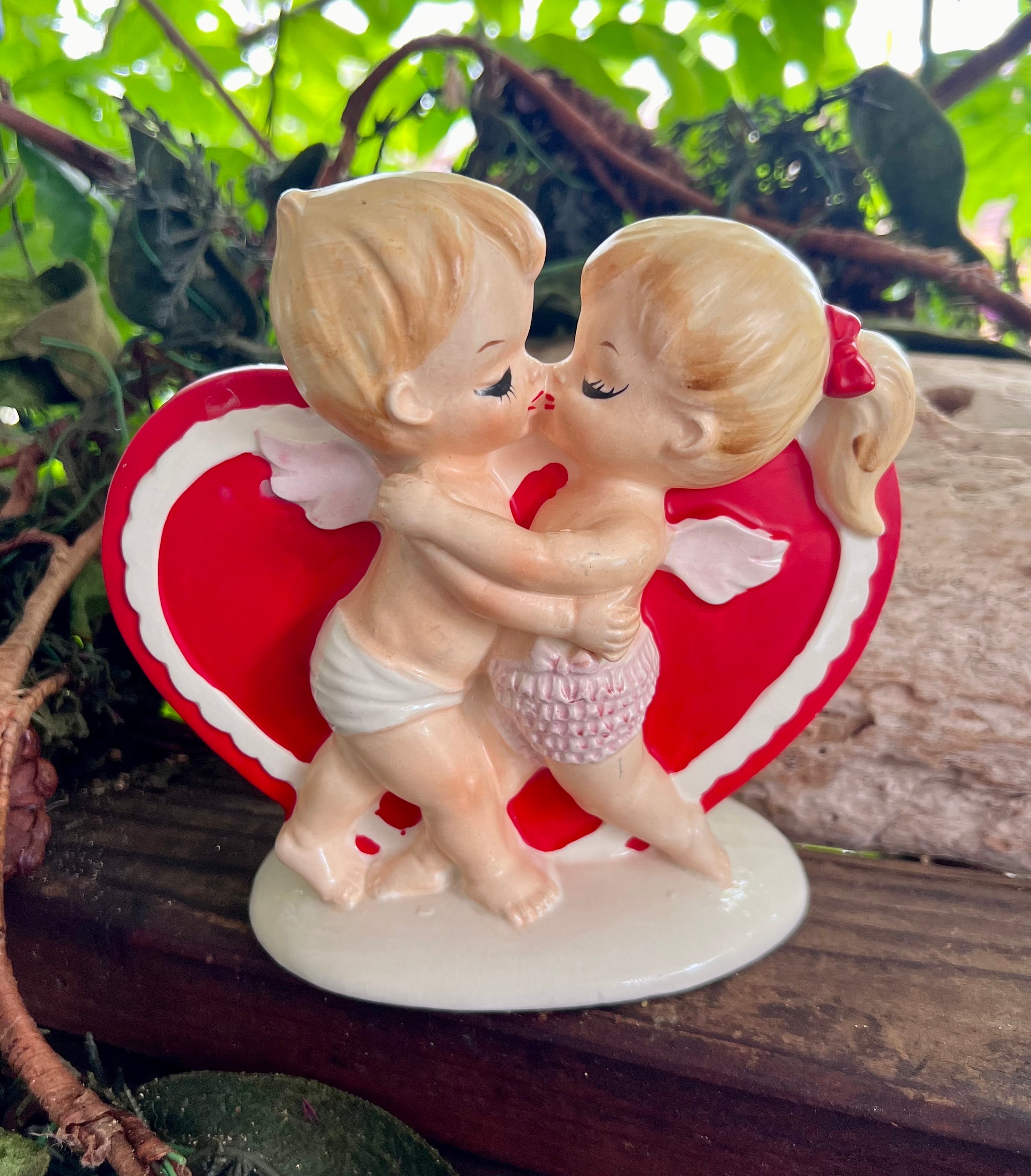 Vintage LEFTON Kissing Angels Heart Planter MCM 1950 Valentine Boy