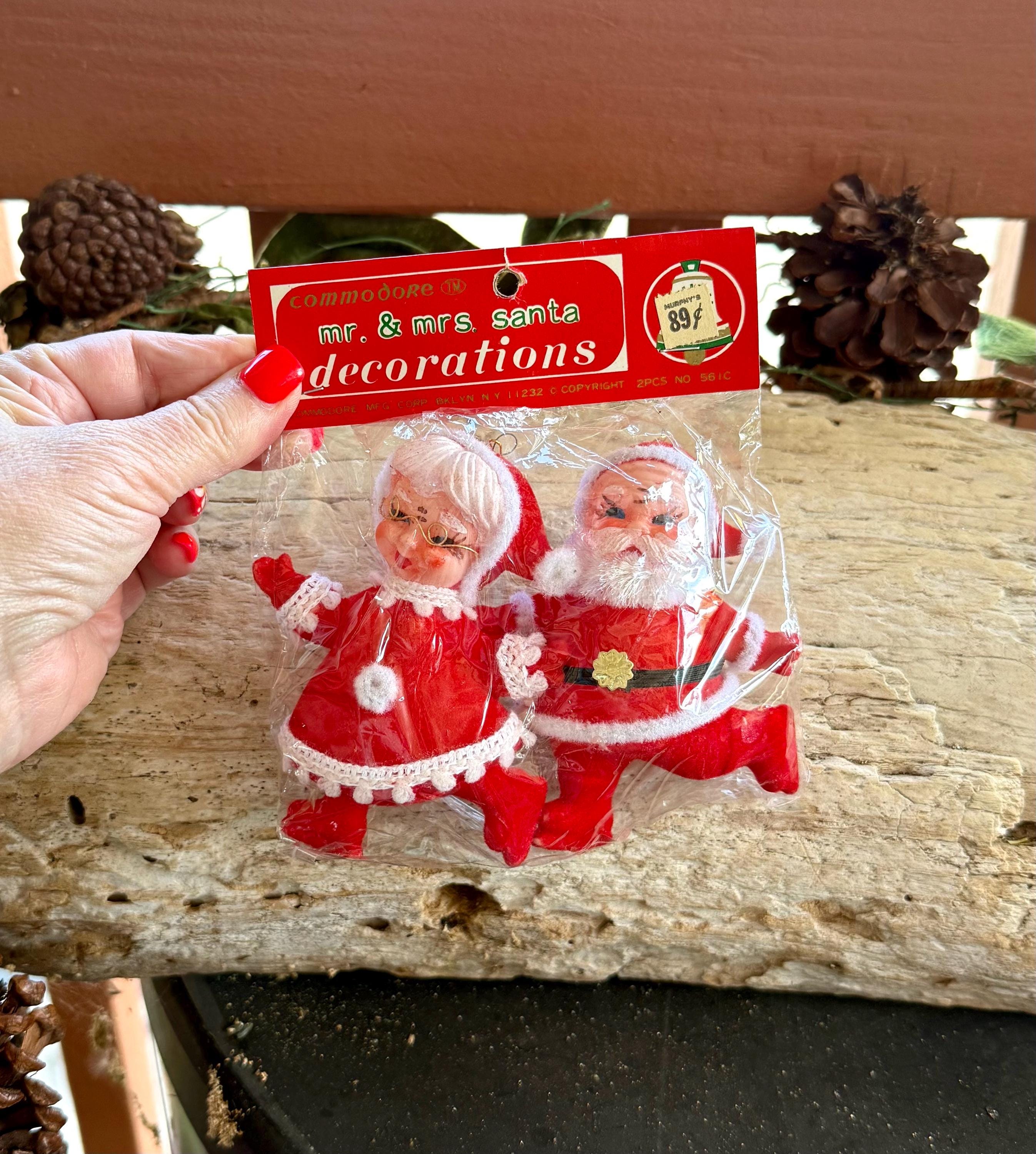Vintage Flocked Mr Mrs Santa Christmas Ornament COMMODORE 1960 1970 4 1/4” Skating Santa Claus  Skater Japan Retro Kitsch Decor Set 2 NIOP