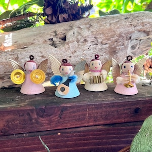 Vintage Spun Cotton Angel Christmas Ornament MCM 1940 1950 Putz Mica Musical Angel Japan Retro Kitsch Valentine Easter Decor Set 4