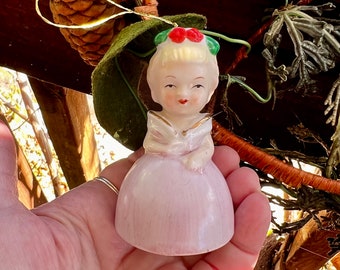 Vintage Angel Bell Christmas Ornament Retro Angel Ornament 1940 1950 Japan MCM Ceramic Pink Angel Holly Berry Bell Ornament 3” 1957 RARE