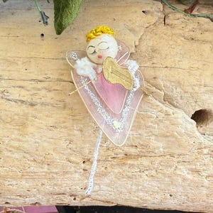 Vintage Pink Tulle Angel Christmas Ornament 1950 1960 Angel Musical Violin Package Tie On Japan Retro Kitsch Valentine Easter Decor