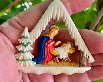 Vintage Diorama Christmas Ornament Angel Mother Mary Baby Jesus 1940 1950 Ges Gesch West Germany RARE Nativity Easter Decor