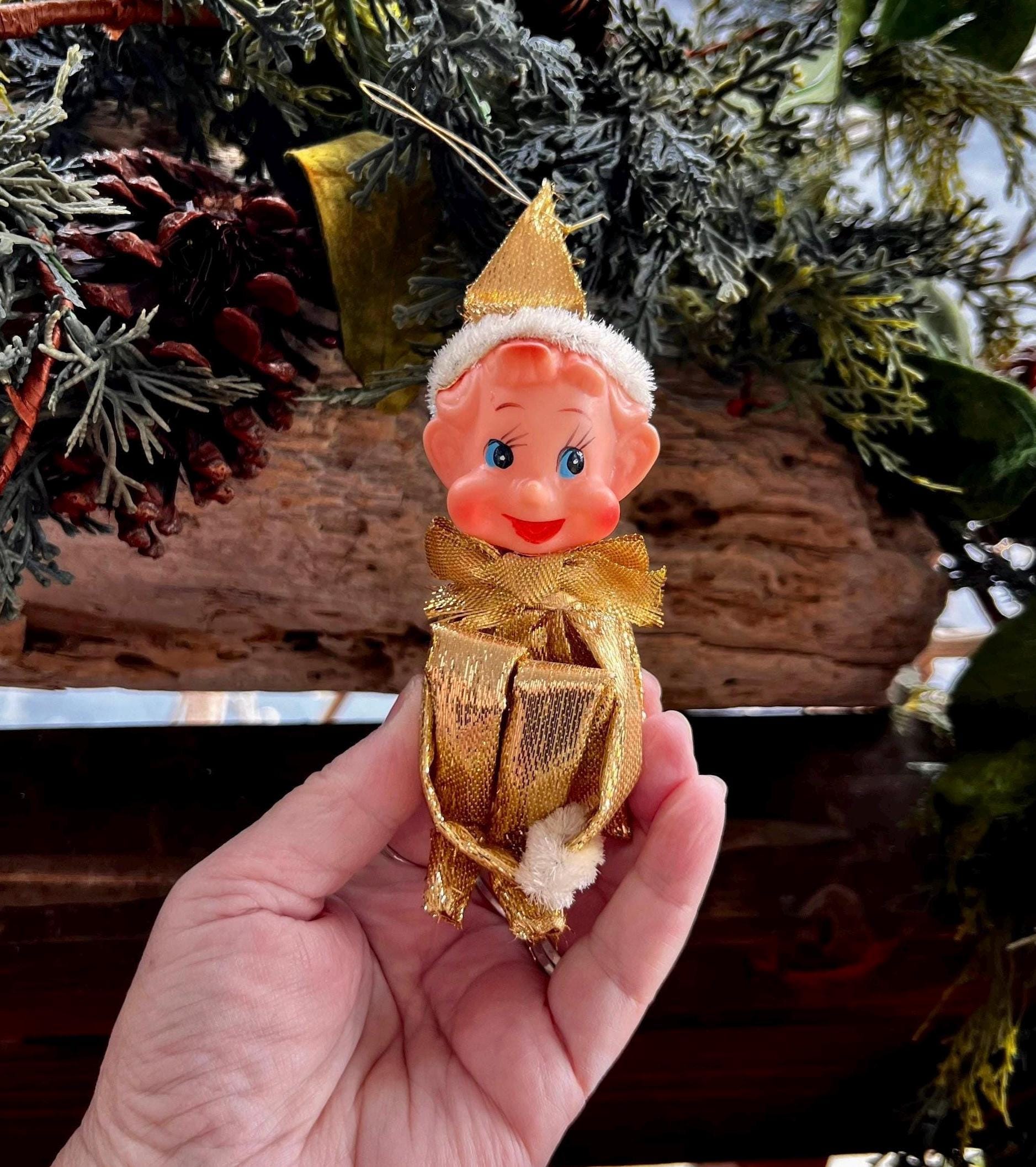 Vintage Knee Hugger Elf Plastic Christmas Ornament 1950 1960 Retro