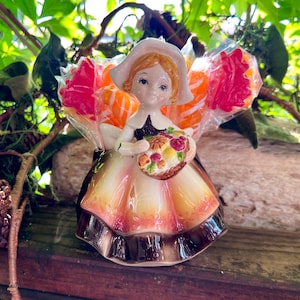 Vintage RELPO Pilgrim Girl THANKSGIVNG Pflanzer 1950 1960 Mid Century Keramik Obstkorb Herbst Herbst Lollipop Halter Retro Kitsch Decor