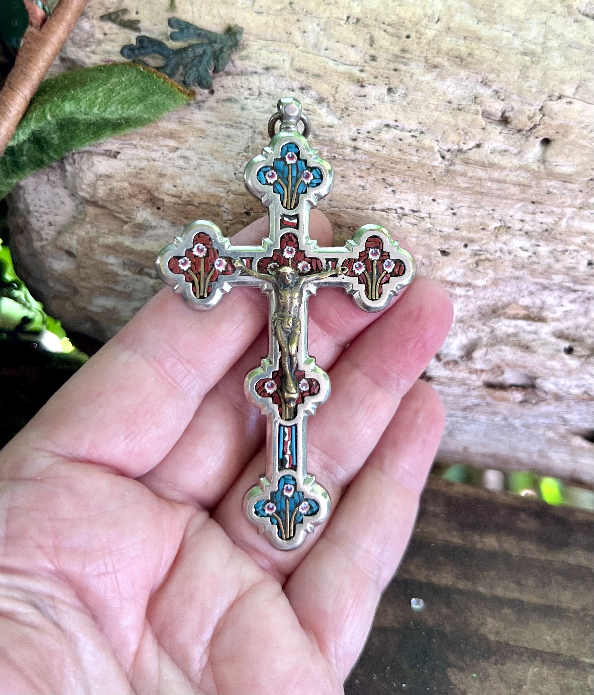 Antique Victorian Micro Mosaic Cross Pendant 1880 1900 3 1/4