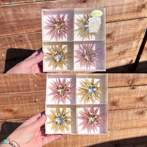 Adorno navideño con estrella alemana de papel de aluminio rosa vintage MCM 1960 1970 Alemania Occidental Estrella plateada dorada rosa Sputnik atómico Juego de decoración retro 4 NIOB