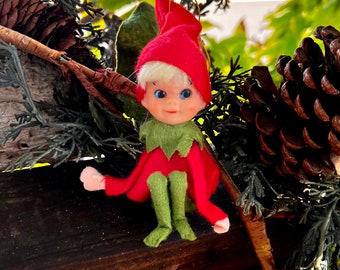 Vintage Elf Pixie Christmas Ornament  1960 1970 Felt Felted Elf Ornament Retro Kitsch Plastic Elf Pixie MCM Japan Blow Mold NAPCO Mod Hippie