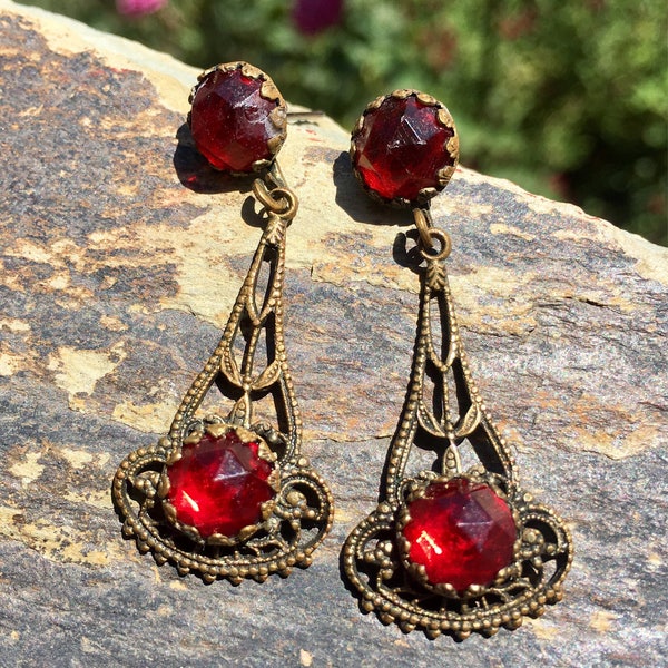 Art Deco rojo reinado pendientes novia Vintage 1930 1940 rubí cristal checo Renacimiento fantasía hadas boda