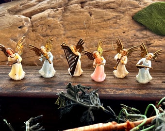 Vintage Angel Musicians Christmas Ornament MCM 1960 1970 British Hong Kong Retro Kitsch Mini 2” Set 6 Valentine’s Day Spring Easter Decor