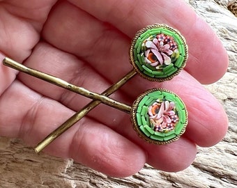 Vintage Micro Mosaic Green Rose Floral Hairpins Bobby Pins 1930 1940 Retro Bride Bridal Wedding Romantic Summer Fall Autumn