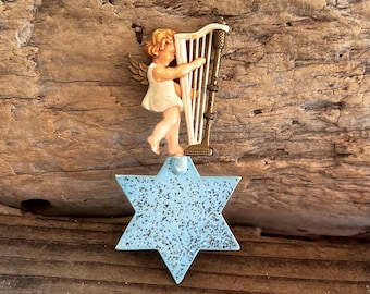 Vintage Musical Angel Christmas Ornament Celluloid Star 1940 1950 Western Germany West German Christmas Ornament Mica Glitter Harp MCM