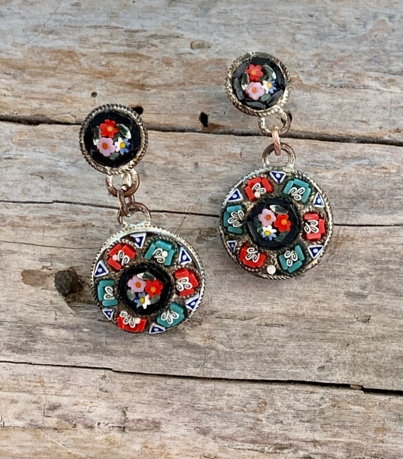 Vintage Micro Mosaic Rose Earrings Mosaic Floral … - image 2