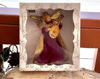 Vintage KOESTEL engel kerstboom topper 1960 1970 rode fluwelen wax engel mandoline West-Duitsland retro kitsch Valentijn decor IOB