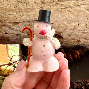 Vintage 1950 1960 Pink Snowman Candy Cane Christmas Ornament MCM Composite Snowman Paper Mache Pipe Cleaner Retro Kitsch Decor