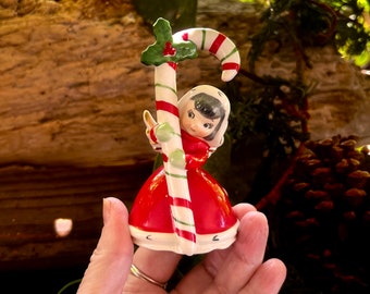 Vintage NAPCO Christmas Bell Ornament MCM 1950 Ceramic Candy Cane Angel Girl Bell Candy Cane Holly Berry Japan Retro Kitsch Decor