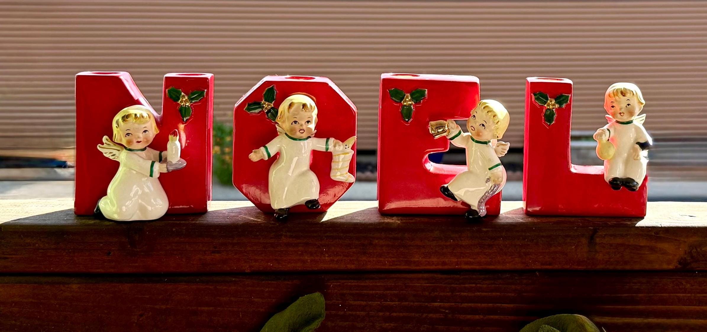 Vintage 1956 NAPCO Angel NOEL Candleholder 'happy Yuletide Quartet
