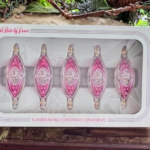 Vintage Christmas Jewelbrite Pink Bird  Ornament 1960 1970 Silver Metallic Reflector Diorama Retro Kitsch Valentine Easter Decor Set 5 IOB