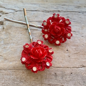 Vintage Floral Bridal Hairpins Red Rose Celluloid Hairpins Red Rhinestone Bobby Pins Retro Bride Bridal MCM Wedding Spring Summer Jewelry