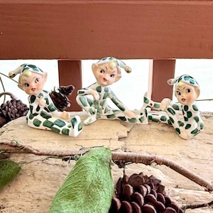 Vintage Lee Ward Elf Pixie Holly Leaves Red Berries Figurine 1950 Mid Century Ceramic Japan Retro Kitsch Christmas Decor Set 3 RARE