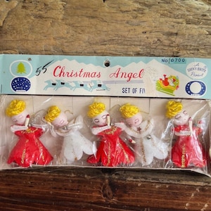 Vintage 1950 1960 Shiny Brite Angel Christmas Ornament MCM Spun Cotton Felt Angel Tulle Pipe Cleaner Retro Kitsch Valentine Decor Set 5