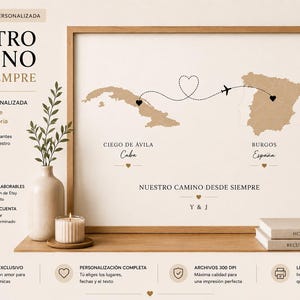 Puede incluir: Lámina digital personalizada enmarcada con un mapa de Cuba y España conectados por una trayectoria de vuelo en forma de corazón. El texto incluye NUESTRO CAMINO DESDE SIEMPRE, CIEGO DE ÁVILA, CUBA, BURGOS, ESPAÑA y las iniciales Y & J.
