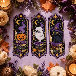 Halloween Lesezeichen Kreuzstich Muster - Kürbis, Geist & schwarze Katze Stickdatei (PDF)