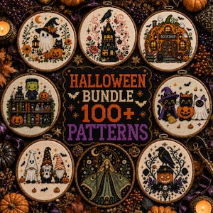 Puede incluir: Una colección de ocho patrones circulares de punto de cruz con temas de Halloween como fantasmas, calabazas, gnomos y una librería, rodeando un letrero central negro con el texto naranja y morado HALLOWEEN BUNDLE 100+ PATTERNS.