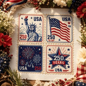 USA 250 Years Stamp Cross Stitch Pattern - Patriotic Floral American Flag Statue Liberty  Embroidery