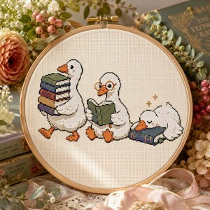 Goose Reading Cross Stitch Pattern - Stacked Books Cozy Ducks Library Embroidery (PDF)