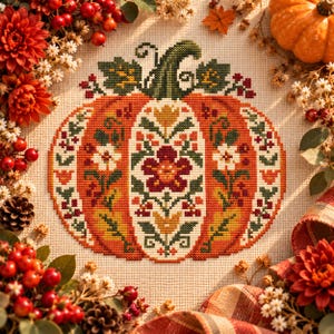 May include: A cross-stitch embroidery piece on beige fabric featuring a large orange pumpkin with a green stem. The pumpkin is decorated with intricate floral and leaf patterns in shades of red, yellow, and green, surrounded by autumn foliage.