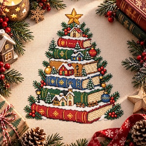 May include: A cross-stitch embroidery design featuring a Christmas tree constructed from a stack of colorful books. The tree is topped with a yellow star and decorated with miniature houses, pine branches, red berries, and ornaments on a fabric.