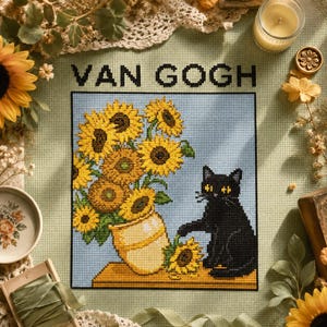 Van Gogh Inspired Sunflower Cross Stitch Pattern - Cat Floral Vase Wall Art Embroidery (PDF)